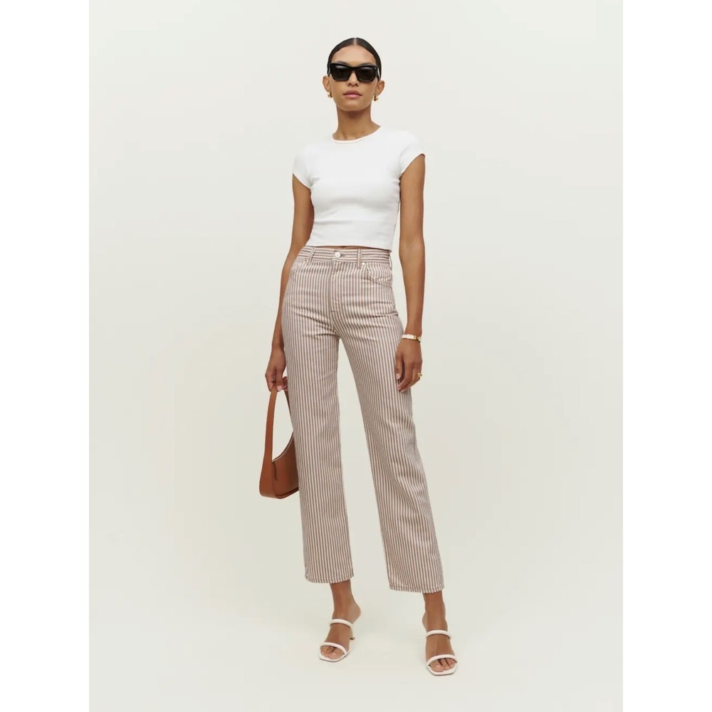 Reformation Cowboy High Rise Straight Jeans Pinyon Stripe Tan White Womens 28